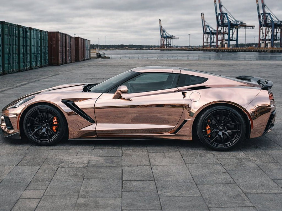 DIY Chevrolet Corvette wrapped in Gloss HX30000 Super Chrome Rose Gold restyling film HX30SCH12B detail