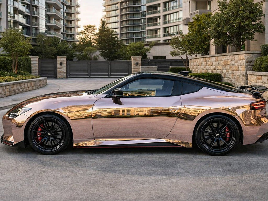 Nissan Z wrapped in Hexis Gloss HX30000 Super Chrome Rose Gold vinyl wrap HX30SCH12B