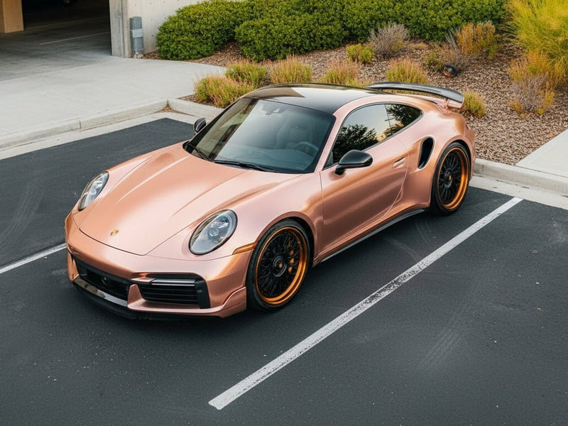 Porsche 911 Turbo S wrapped in Satin HX30000 Super Chrome Rose Gold automotive vinyl film HX30SCH12S