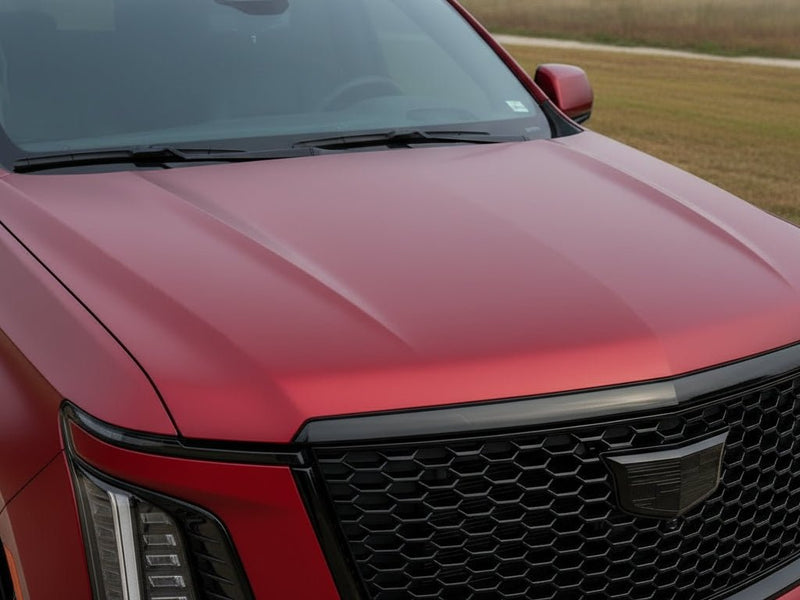 DIY Cadillac Escalade wrapped in Satin HX30000 Super Chrome Fever Red vinyl wrap HX30SCH16S