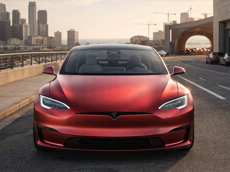 DIY Tesla S wrapped in Satin HX30000 Super Chrome Fever Red restyling film HX30SCH16S
