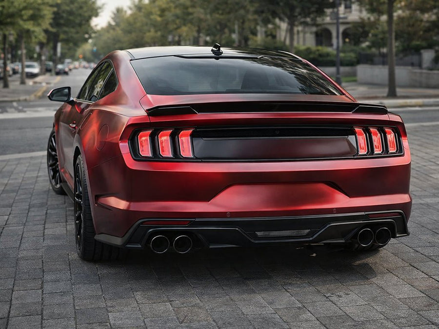 Ford Mustang wrapped in Hexis Satin HX30000 Super Chrome Fever Red restyling film HX30SCH16S detail