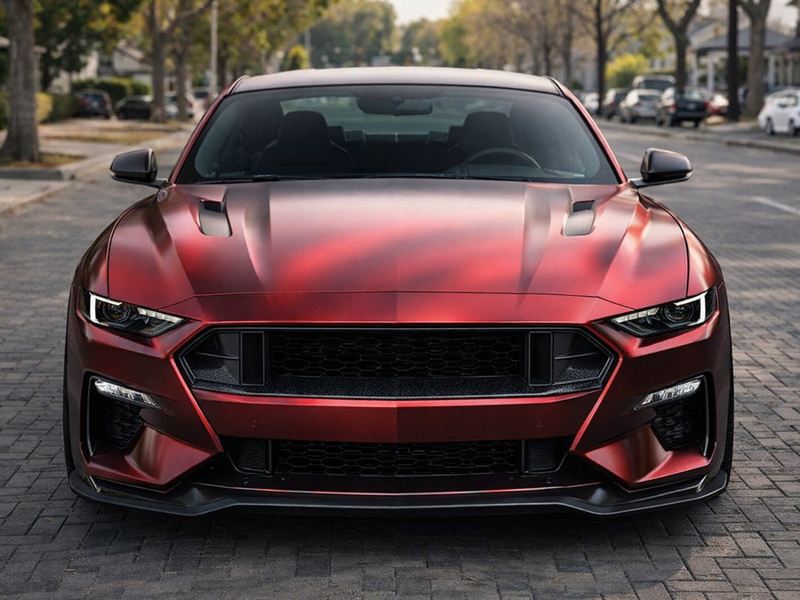 Ford Mustang wrapped in Hexis Satin HX30000 Super Chrome Fever Red automotive vinyl film HX30SCH16S