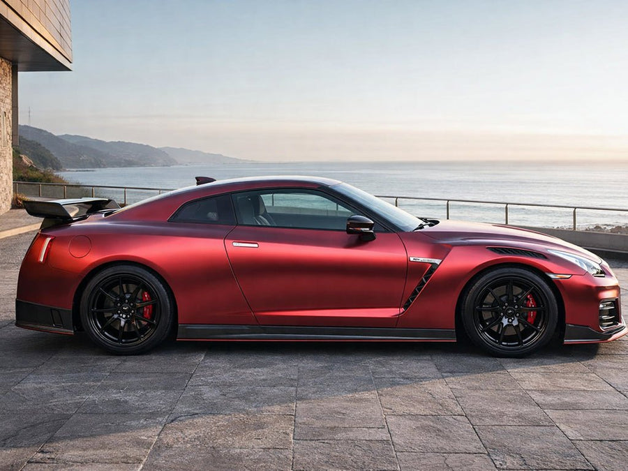 Nissan GT-R wrapped in Hexis Satin HX30000 Super Chrome Fever Red wrap film