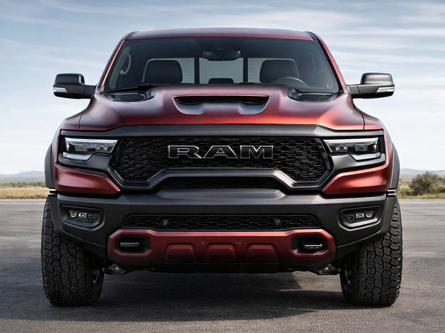 RAM 1500 TRX wrapped in Hexis Satin HX30000 Super Chrome Fever Red wrap film