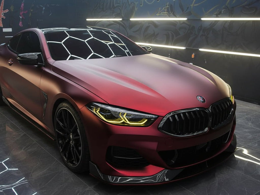 DIY BMW 8 Series wrapped in Satin HX30000 Super Chrome Fever Red restyling film HX30SCH16S