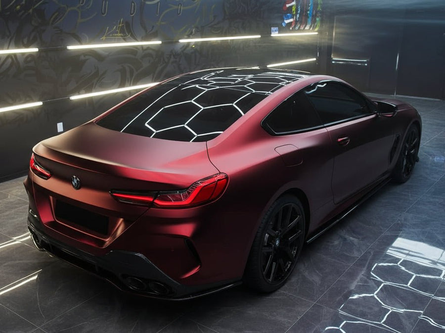 BMW 8 Series wrapped in Satin HX30000 Super Chrome Fever Red restyling film HX30SCH16S