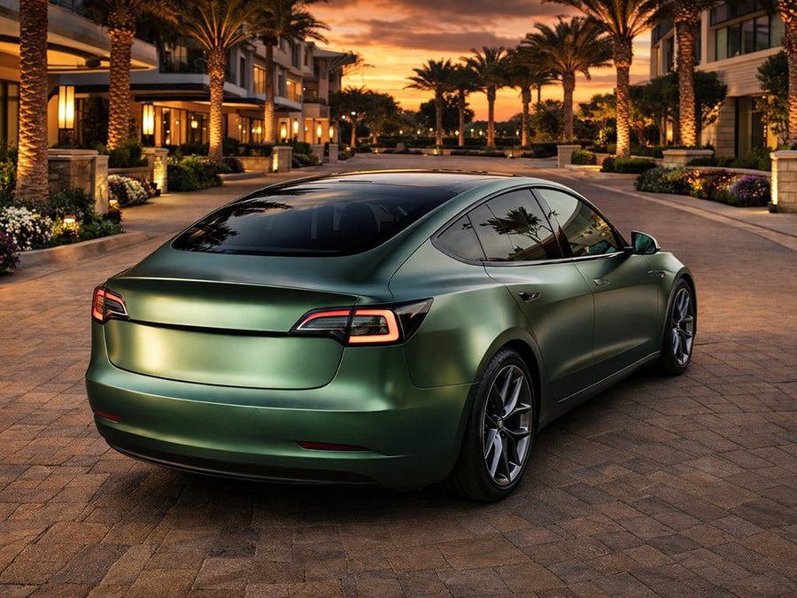 Tesla 3 wrapped in Satin HX30000 Super Chrome Canopy Green restyling film HX30SCH18S