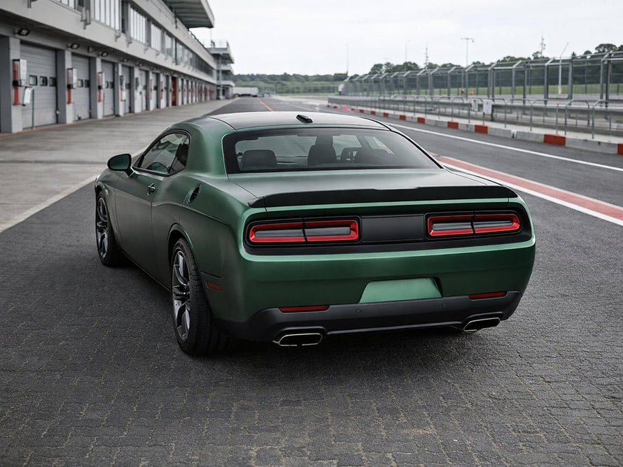 Dodge Challenger wrapped in Hexis Satin HX30000 Super Chrome Canopy Green restyling film HX30SCH18S