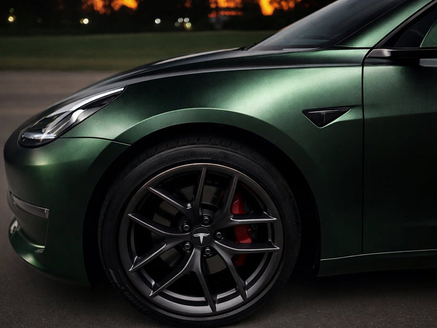 DIY Tesla 3 wrapped in Satin HX30000 Super Chrome Canopy Green automotive vinyl film HX30SCH18S