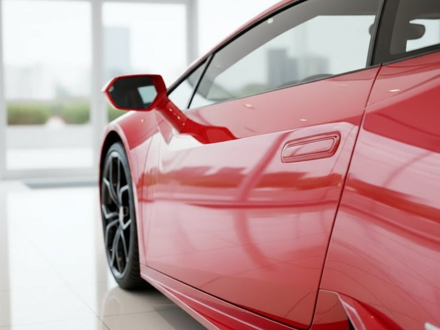 Lamborghini Huracán wrapped in Super Gloss HXONE™ Lava Red vinyl wrap HXONE400