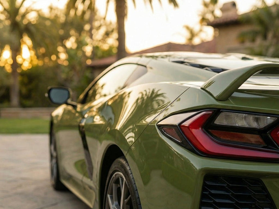 Chevrolet Corvette wrapped in Super Gloss HXONE™ Vintage Green restyling film HXONE700