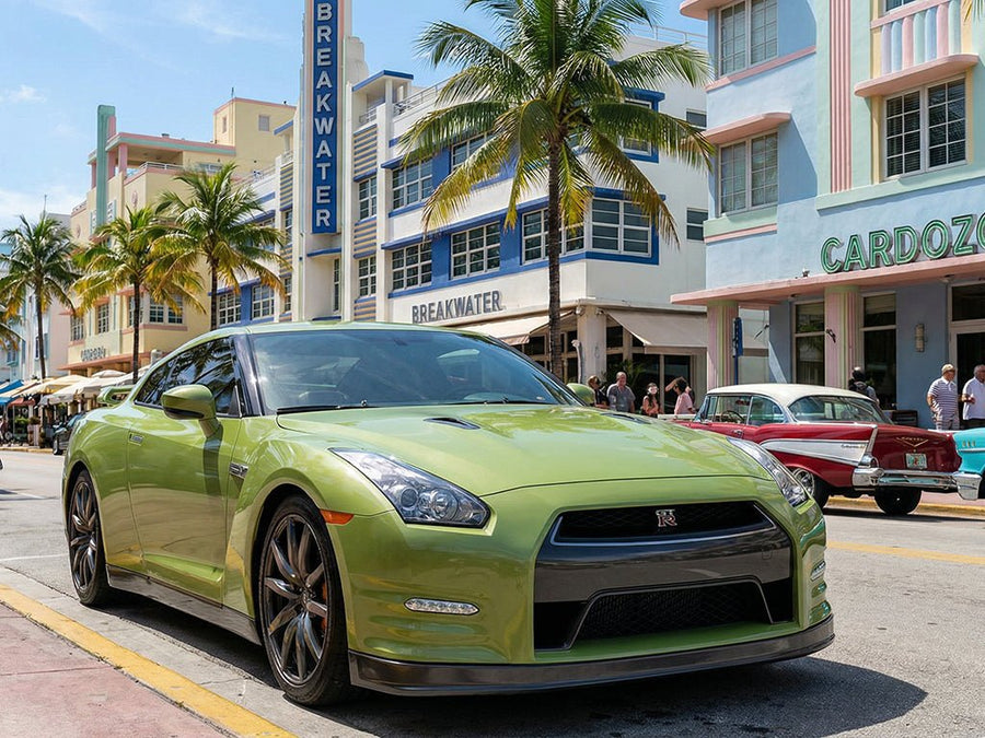 Nissan GT-R wrapped in SuperGloss HXONE™ Vintage Green car wrap film HXONE700