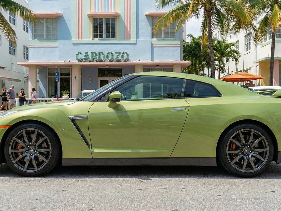 DIY Nissan GT-R wrapped in Super Gloss HXONE™ Vintage Green vinyl wrap HXONE700