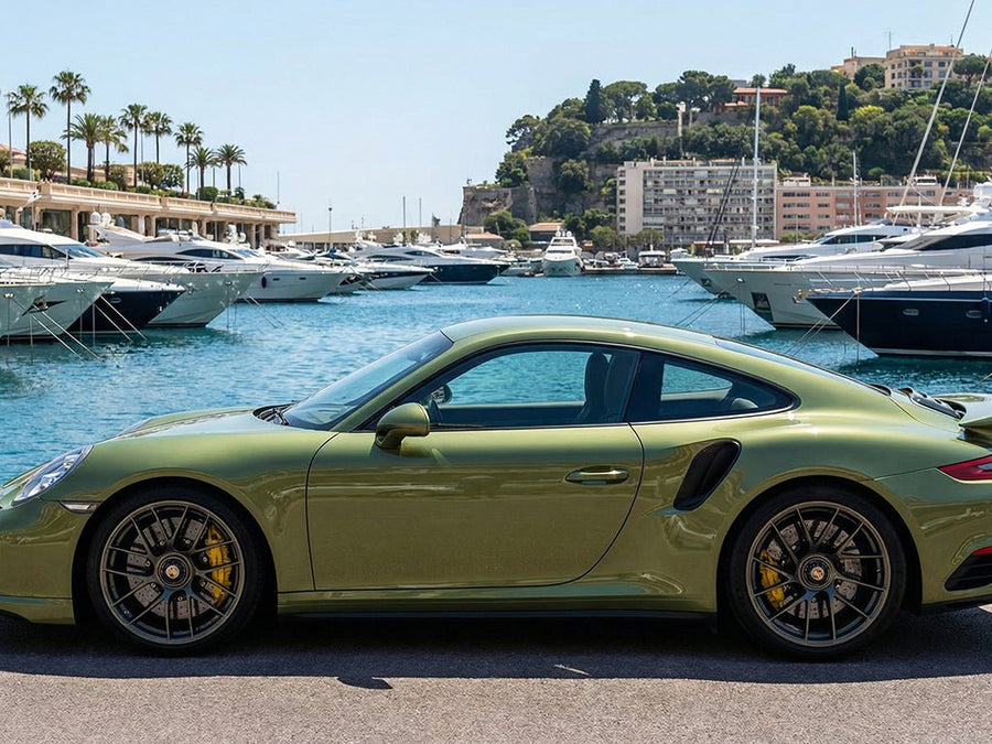 Porsche 911 Turbo S wrapped in Hexis Super Gloss HXONE™ Vintage Green car wrap film HXONE700