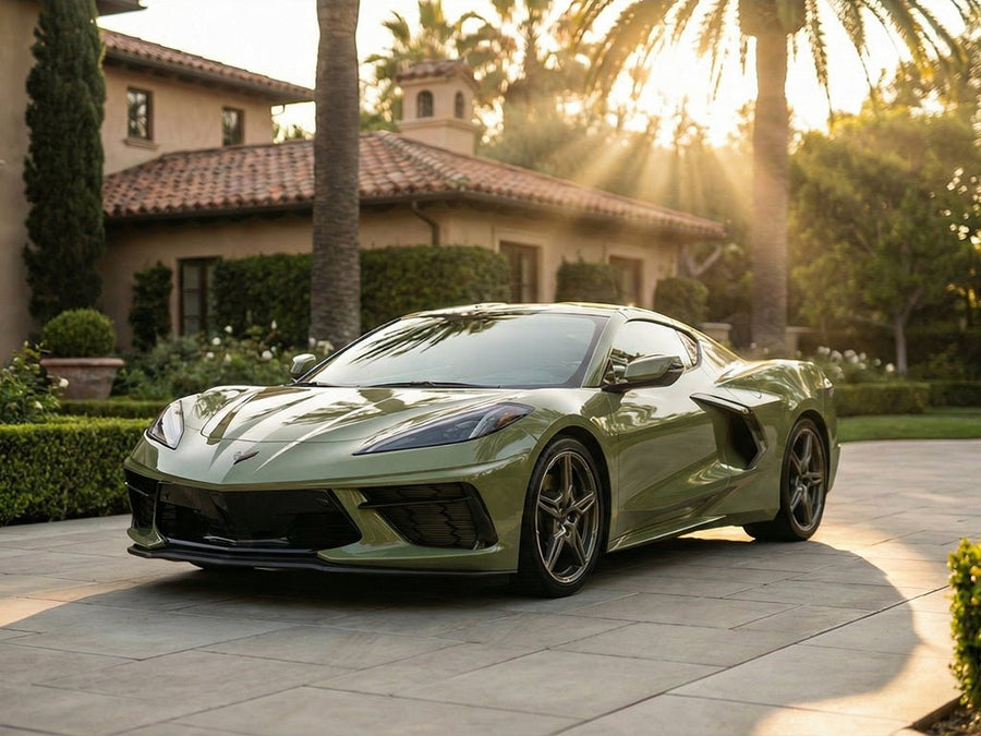 DIY Chevrolet Corvette C8 wrapped in SuperGloss HXONE™ Vintage Green automotive vinyl film HXONE700