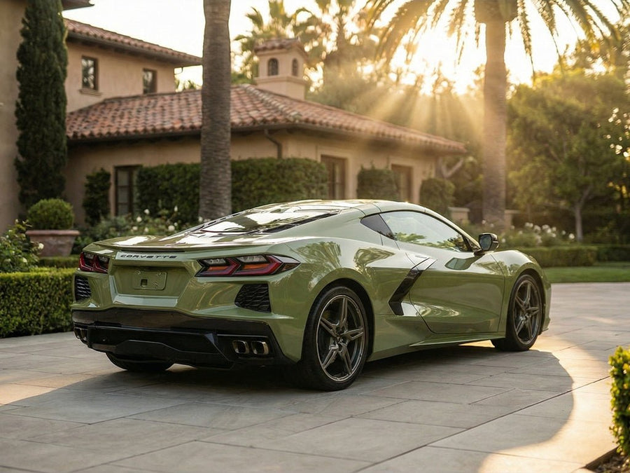 Chevrolet Corvette wrapped in Hexis SuperGloss HXONE™ Vintage Green restyling film HXONE700