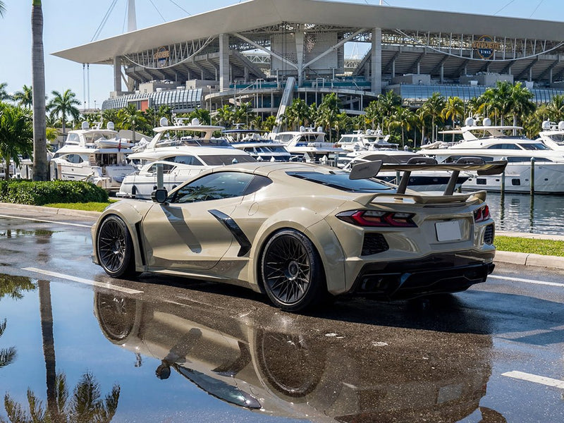Chevrolet Corvette C8 wrapped in Super Gloss HXONE™ Seal Khaki restyling film HXONE702