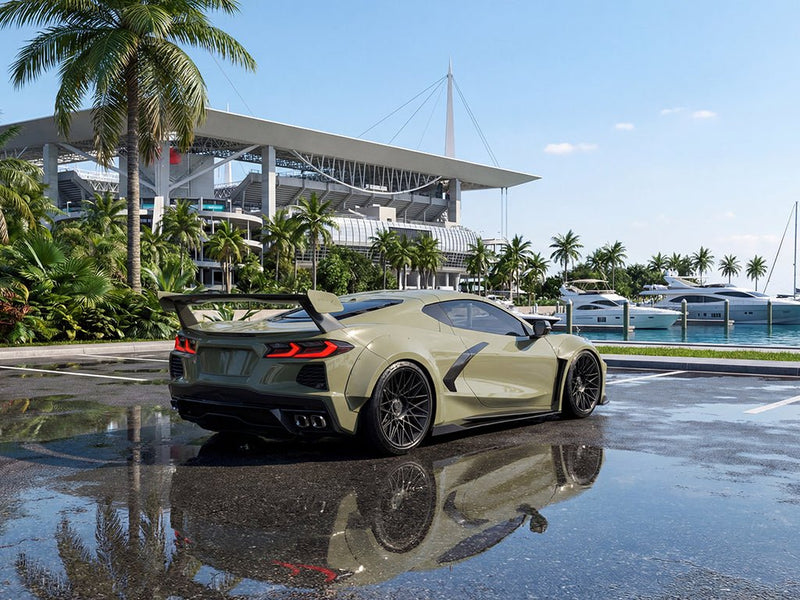 Chevrolet Corvette C8 wrapped in Hexis Super Gloss HXONE™ Seal Khaki restyling film HXONE702