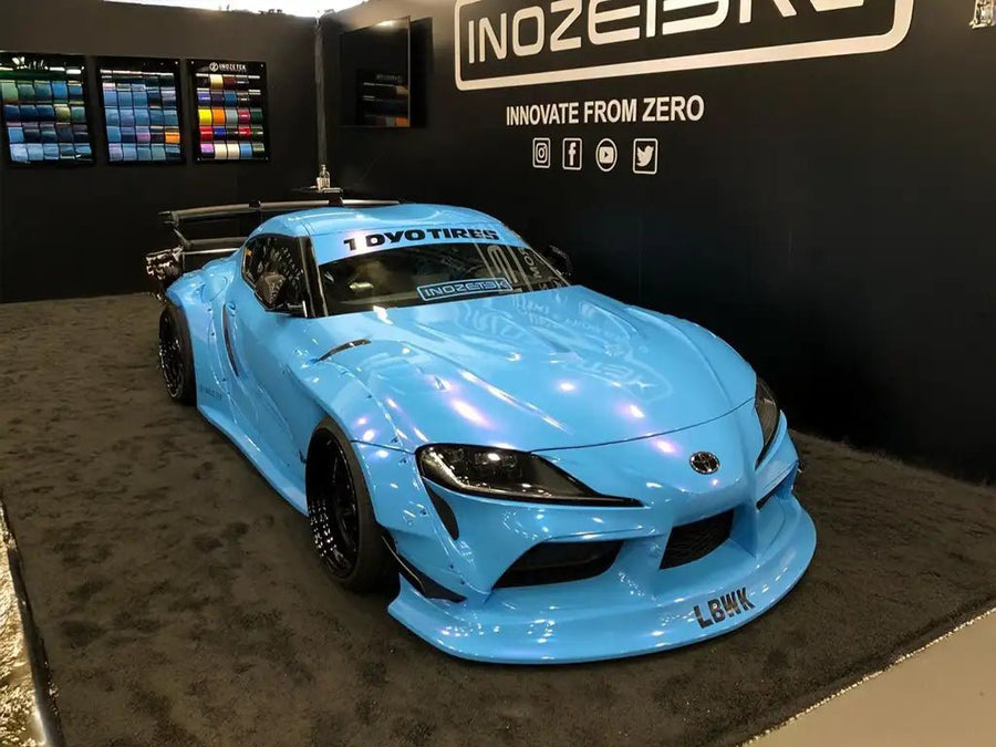Toyota Supra wrapped in Inozetek None Limited Special Edition Liberty Walk Kato's Kenmery Blue vinyl wrap