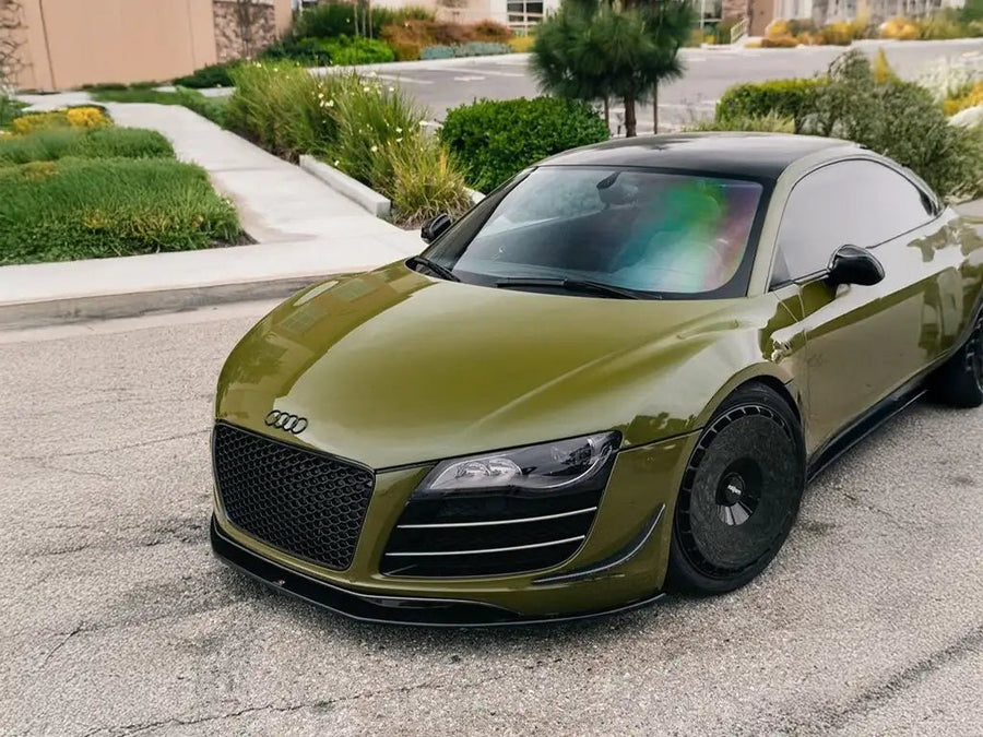 Audi R8 wrapped in Inozetek SuperGloss Army Green automotive vinyl film