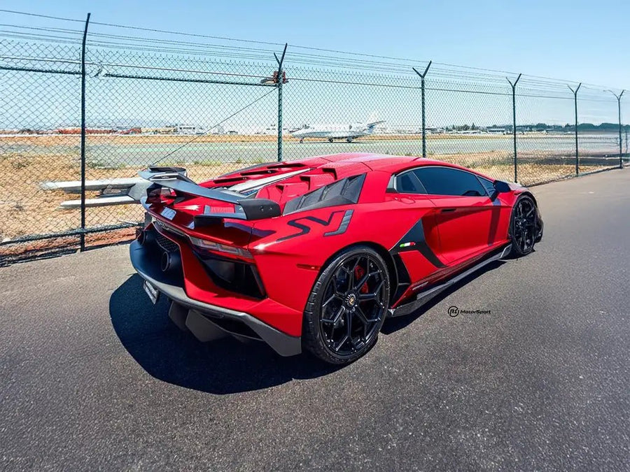 Lamborghini Aventador SV wrapped in SuperGloss Corsa Red automotive vinyl film