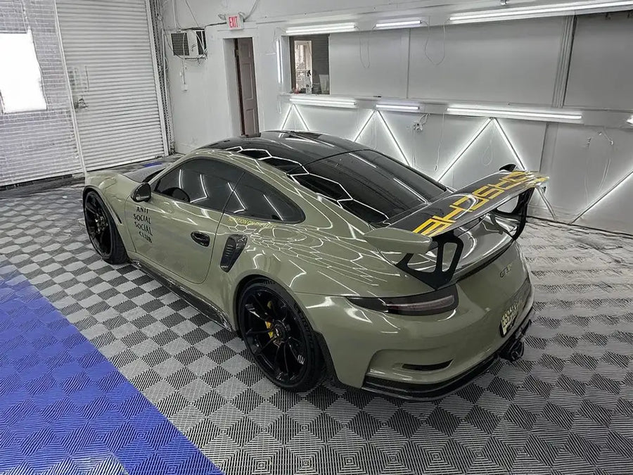 Porsche 911 GT3 RS wrapped in Inozetek Super Gloss Khaki Green automotive vinyl film