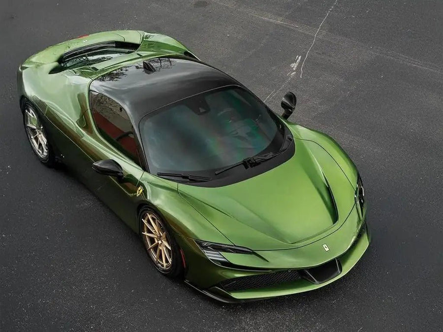 Ferrari SF90 Stradale wrapped in SuperGloss Metallic Mamba Green wrap film
