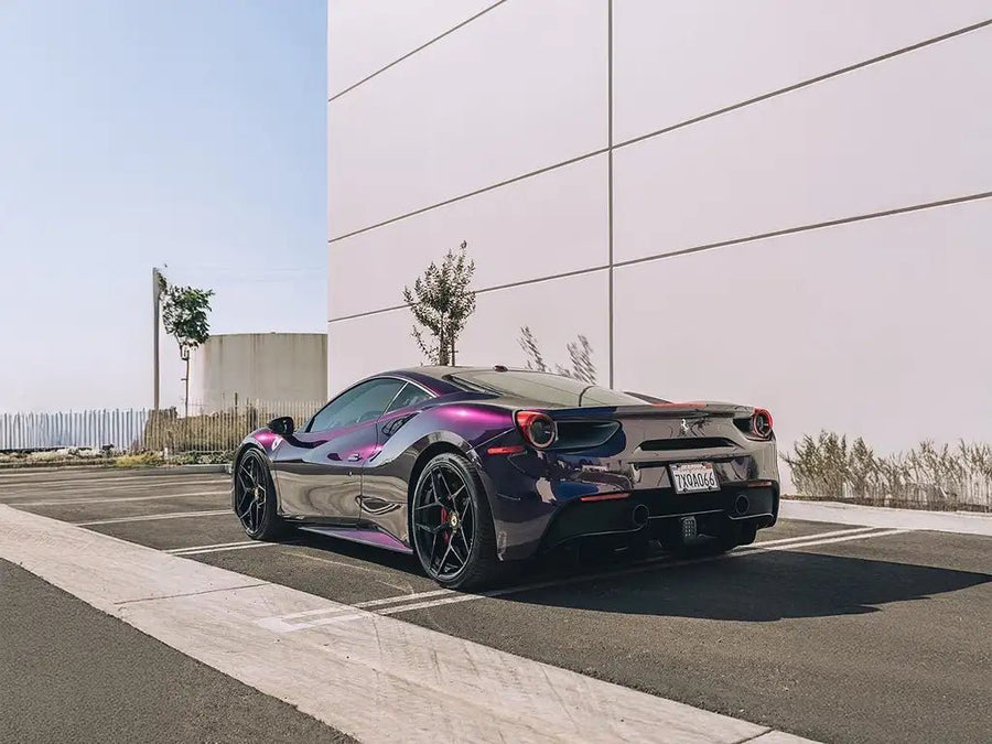 DIY Ferrari 488 wrapped in SuperGloss Metallic Midnight Purple wrap film