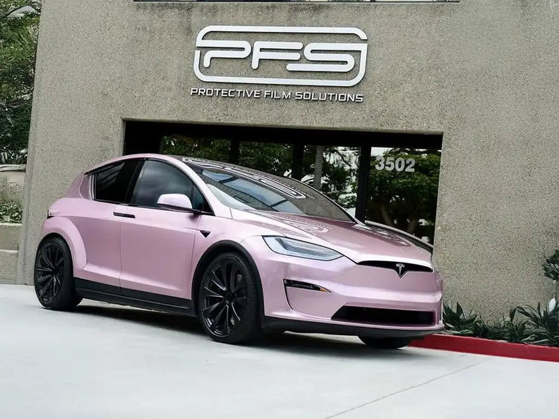 Tesla Model X wrapped in Inozetek SuperGloss Metallic Rose vinyl wrap