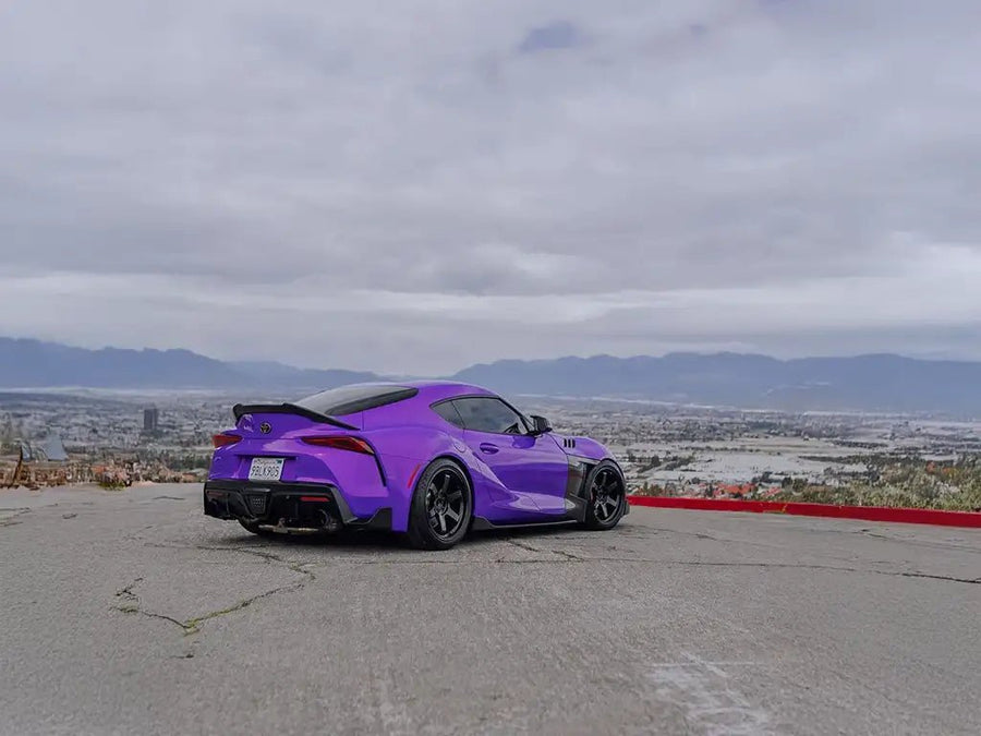 DIY Toyota Supra wrapped in Super Gloss Metallic Royalty Purple vinyl wrap
