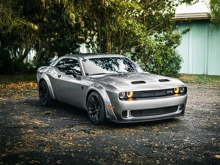 Dodge Challenger SRT Hellcat wrapped in Super Gloss Metallic Silver automotive vinyl film