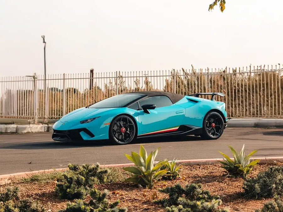 Lamborghini Huracán Performante wrapped in SuperGloss Miami Blue car wrap film