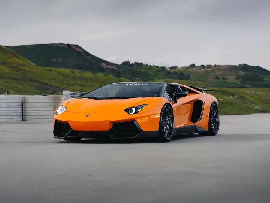 Lamborghini Aventador wrapped in Inozetek Super Gloss Papaya Orange automotive vinyl film