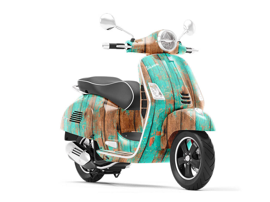 Distressed Aquamarine Wood Plank Vespa Scooter Wrap Film