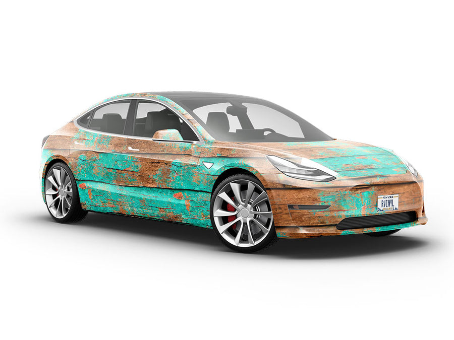Distressed Aquamarine Wood Plank Vehicle Vinyl Wrap