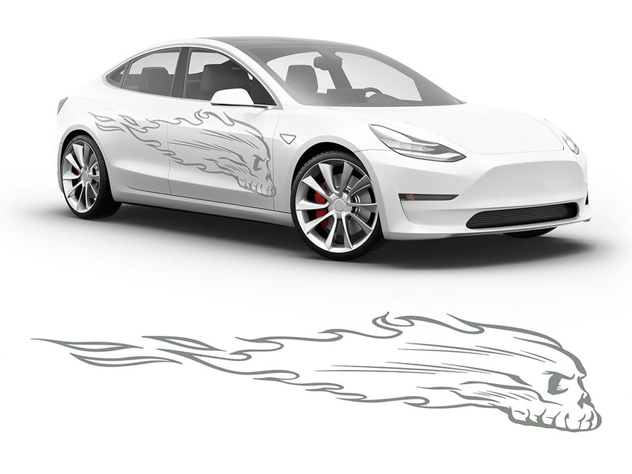 3M Light Gray Flaming Skull Body Graphic~Full Side Auto Decal Kit~0