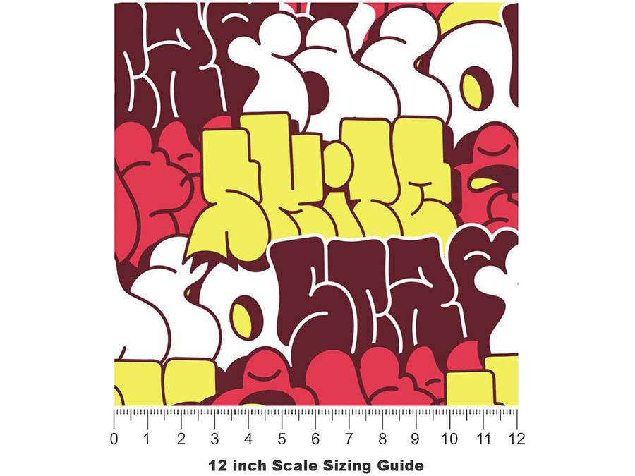 Red Bubbled Graffiti Vinyl Film Pattern Size 12 inch Scale~Rwraps Red Bubbled Graffiti Sizing Chart~3