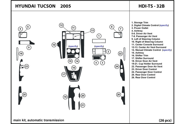 2005 Hyundai Tucson DL Auto Dash Kit Diagram