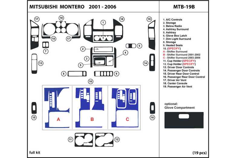 2001 Mitsubishi Montero DL Auto Dash Kit Diagram