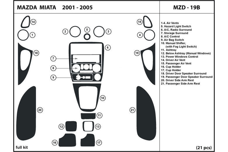 2001 Mazda MX-5 Miata DL Auto Dash Kit Diagram