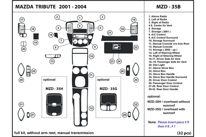 2001 Mazda Tribute DL Auto Dash Kit Diagram