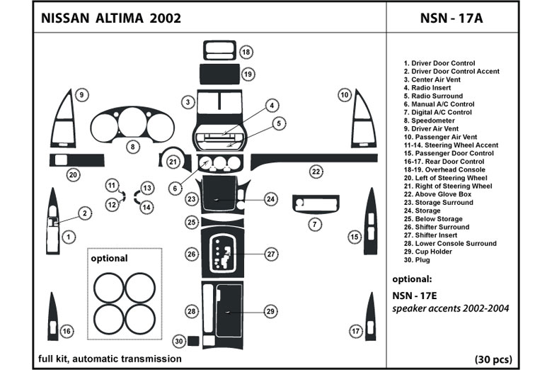 2002 Nissan Altima DL Auto Dash Kit Diagram