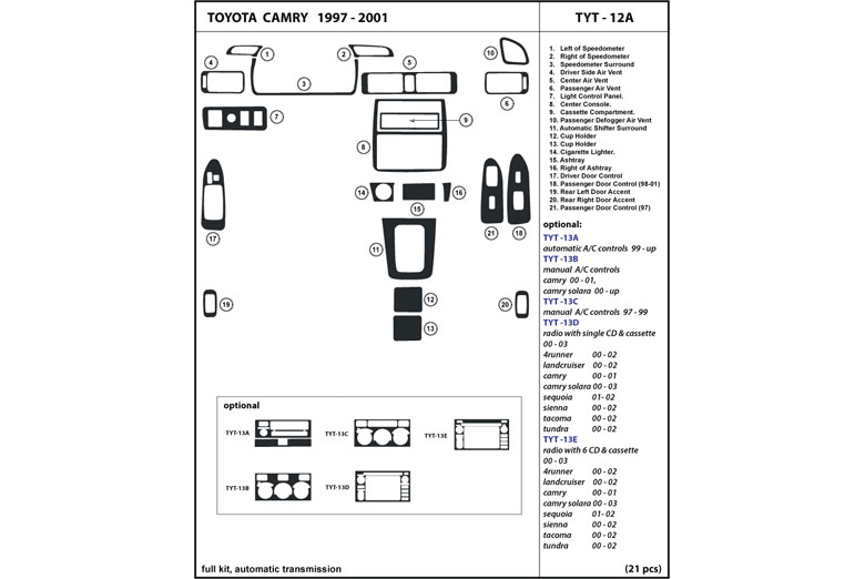 1997 Toyota Camry DL Auto Dash Kit Diagram