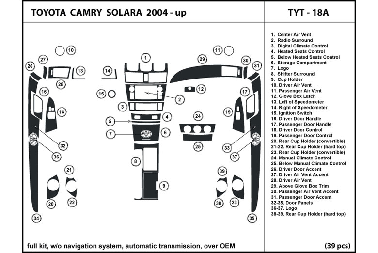 2004 Toyota Solara DL Auto Dash Kit Diagram