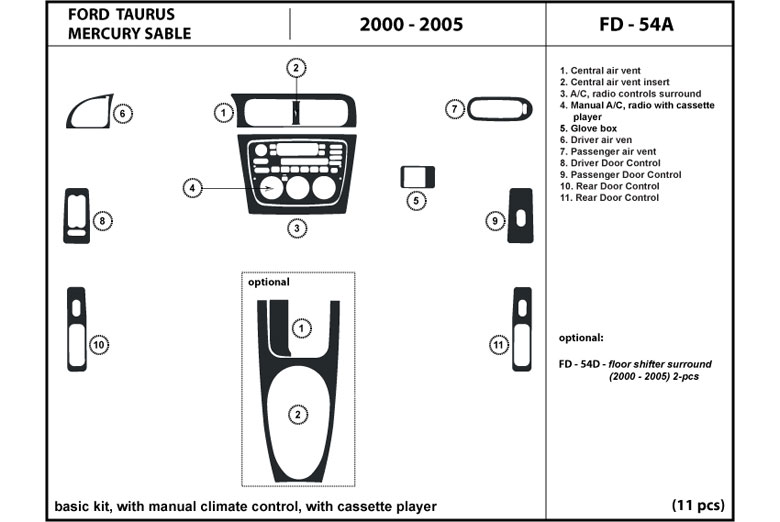 2000 Ford Taurus DL Auto Dash Kit Diagram