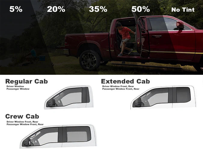 Illustration of a red truck with window tint percentages and different cab types.