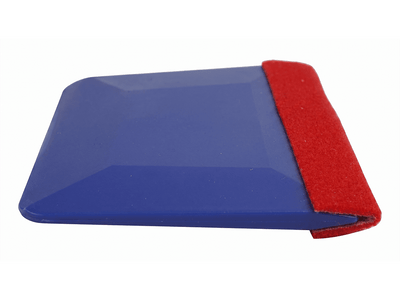 Hexis MARBLEU blue vinyl wrap squeegee with red felt edge angled view for scratch-free film application