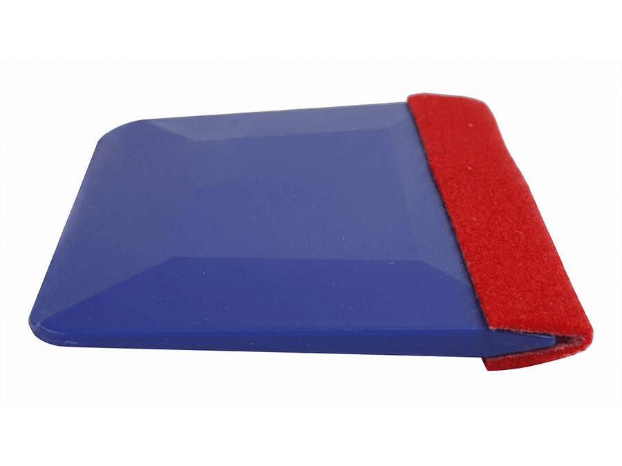 Hexis MARBLEU blue vinyl wrap squeegee with red felt edge angled view for scratch-free film application