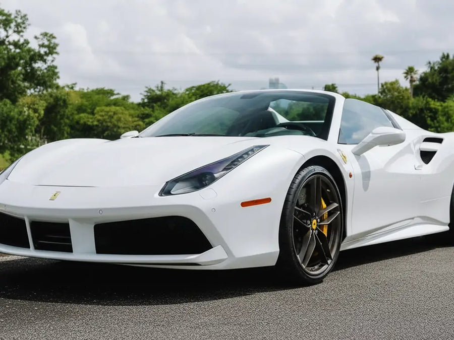 Ferrari 488 Spider wrapped in Hexis Matte HX20000 Lapland White wrap film HX20002M
